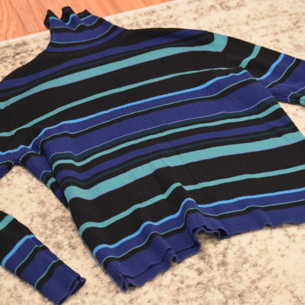 Karen Scott Ribbed Turtleneck Sweater XL, Striped Turquoise, Blue & Black